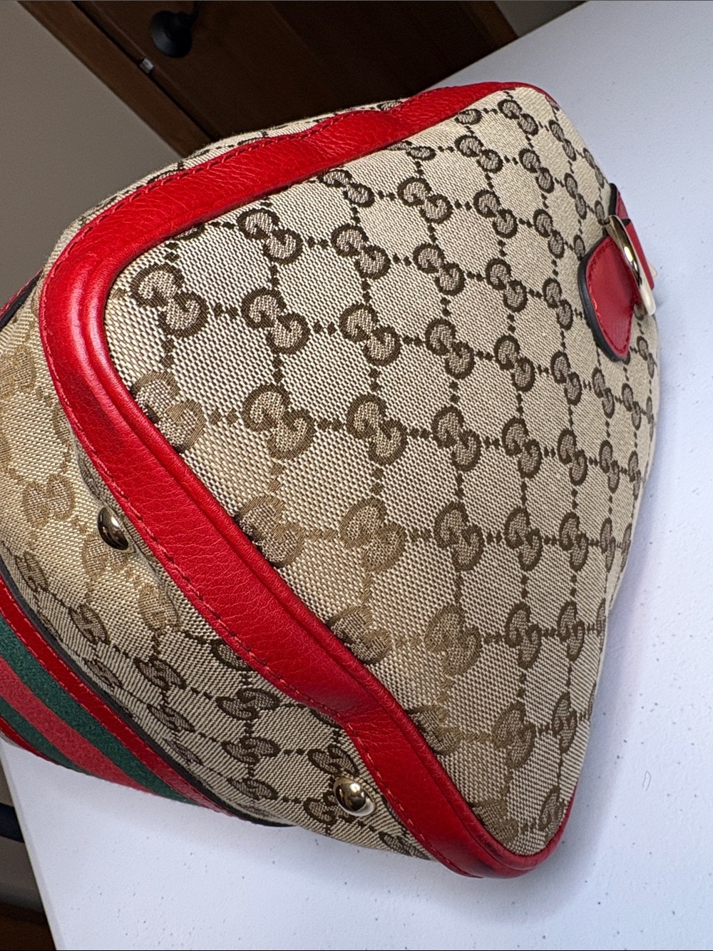 Gucci GG Supreme Web Boston Bag Leather Trim | No Strap - Picture 8 of 16